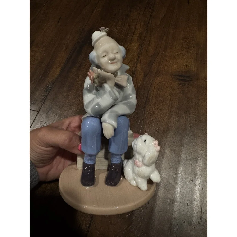 Clown & Poodle Bichon Dog‎ Porcelain Figurine PS Design 2002 Flower Blue Vintage